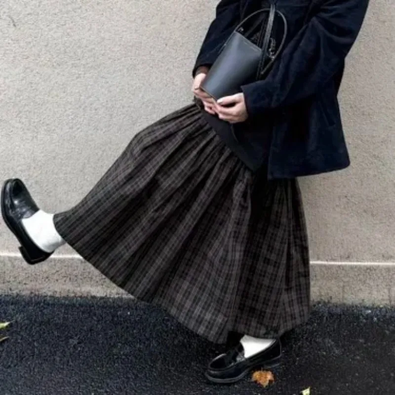 Damen Vintage Karierter Maxirock Elastische Hohe Taille Lockerer Langer Rock für Frühling Herbst Winter