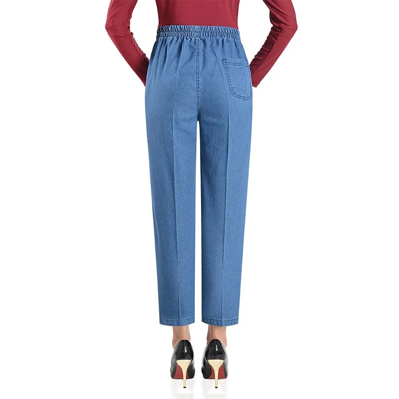 High Waist plus Size Denim Jeans Loose Summer Thin Elastic Waist Mom Sle Straight Leg Nine Point Women's Pants for Middle-A...