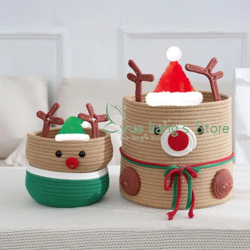 Reindeer Cotton Rope Woven Storage Basket, Large Capacity Home Clothing Storage Basket, Reindeer Christmas Decoration Ornament