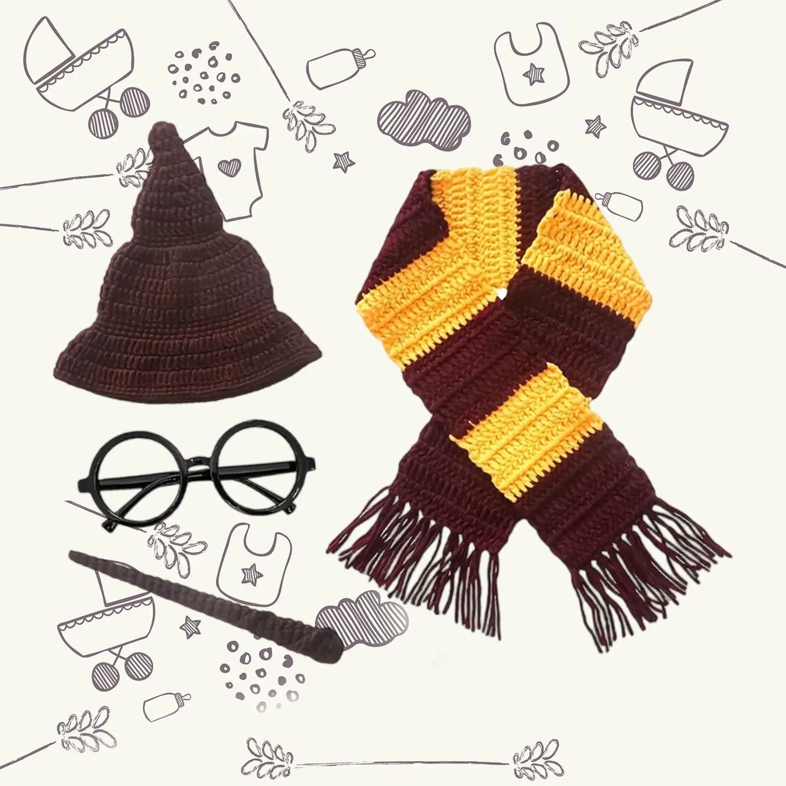 Crochet Newborn Costume Props Witch Hat Scarf Stick Glasses Frame for Baby Girl Boy Halloween Photo Shoot Party Outfit