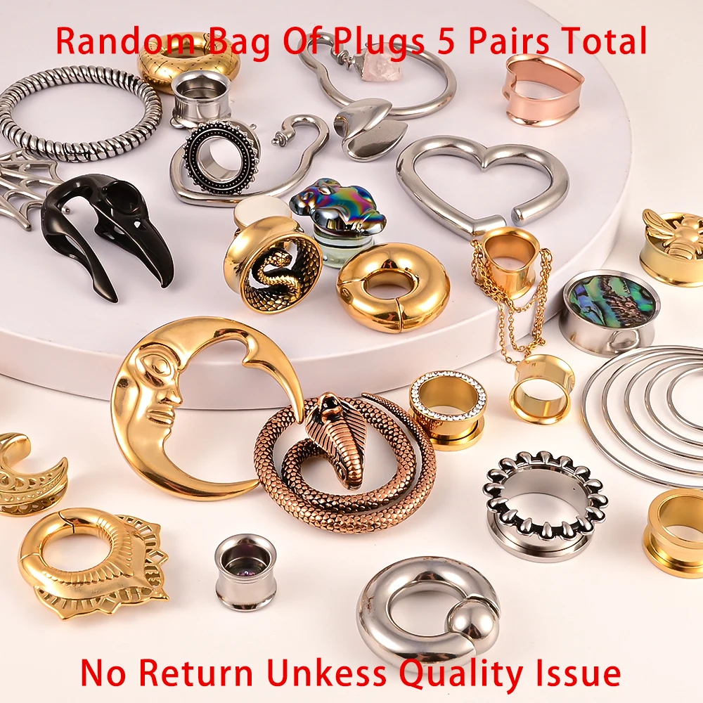 Vanku Body Piercing Lucky Lot Random Bag Ear Plugs 5 Pairs Total (include 1 pair ear weight, 4 pairs ear gauges/plugs/Stone