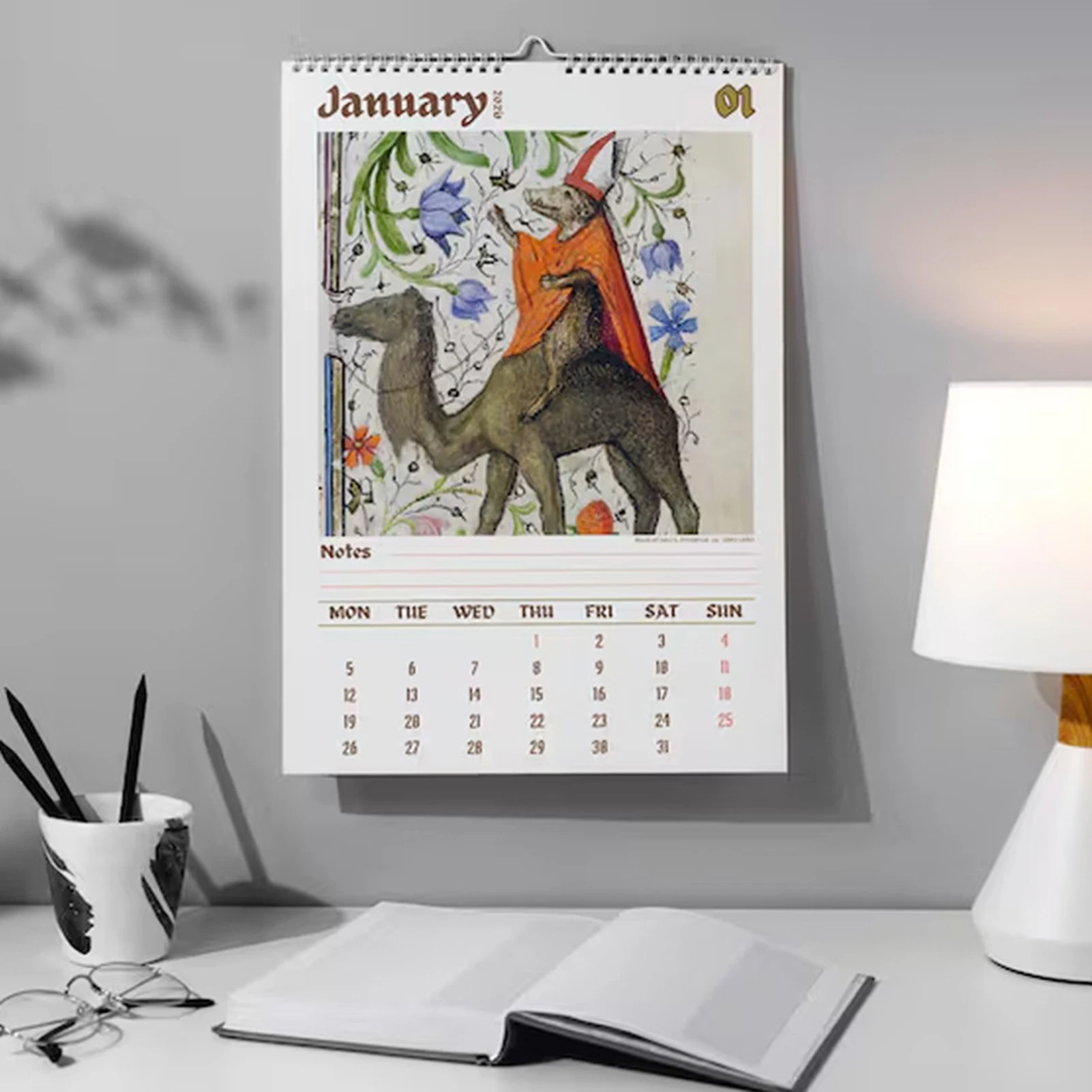 2026 Wall Calendar with Medieval Animal Theme Ugly Style Humorous Illustration Design for Office Home Decor and Gift Use