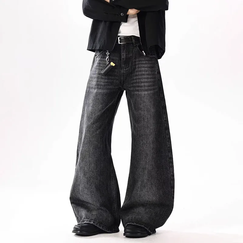 الكورية الخريف والشتاء الرجال الجينز الخيزران منقوشة سكين منحني الجينز فضفاض مستقيم الساق السراويل متوهج قليلا بنطال ذو قصة أرجل واسعة