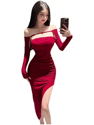 2023 Spring New Women's Sexy Temperament Mature Irregular Waist retraction hollow out Pleated Wrapped Hip Mid length Dress TZR3