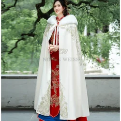 Faux Fur Edge Wedding Wrap Appliques Satin Bridal Capes Coat Jacket Bride Cloak With Hood Customized