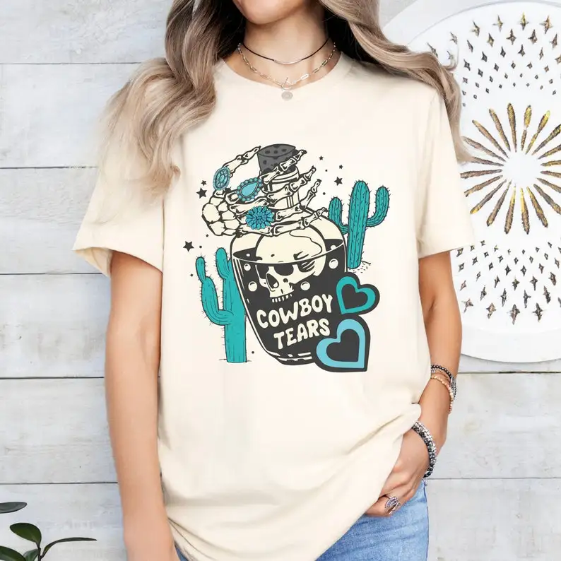 

Cowboy Tears Graphic T-Shirt, Comfort Colors, Funny Western Tee, Skeleton Hand Design, Cactus Desert Print, Casual Cotton Tee, U