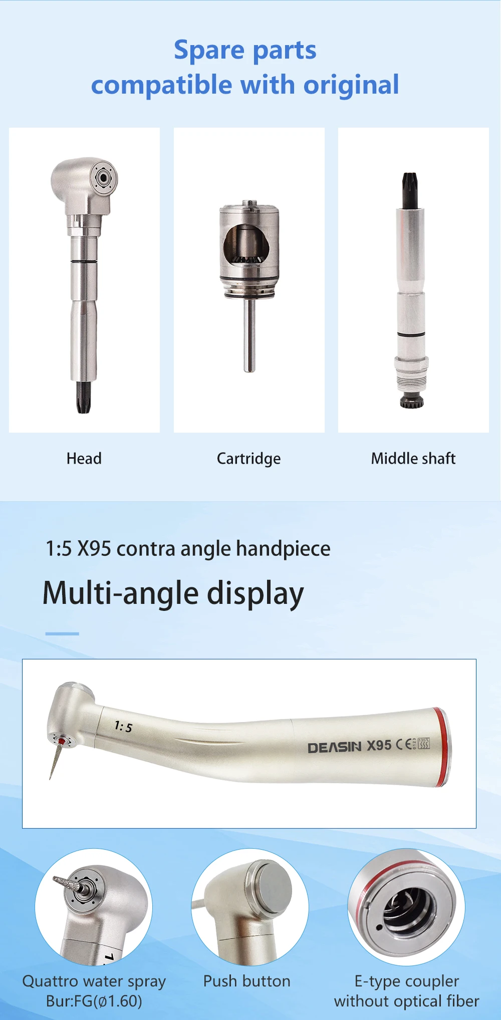 Contra Angle 1:1 1:5 20:1 1:4.2 Dental Handpiece Fiber Optic Low Speed High Speed X95L Style Dental Implant Equipment