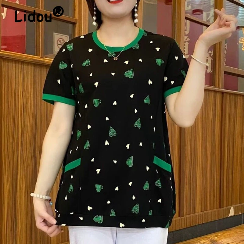 

Women's Fashion Contrast Color Print Pockets Short Sleeve T-shirts 2024 New Summer Casual O Neck Loose Tunic Tops Ropa De Mujer