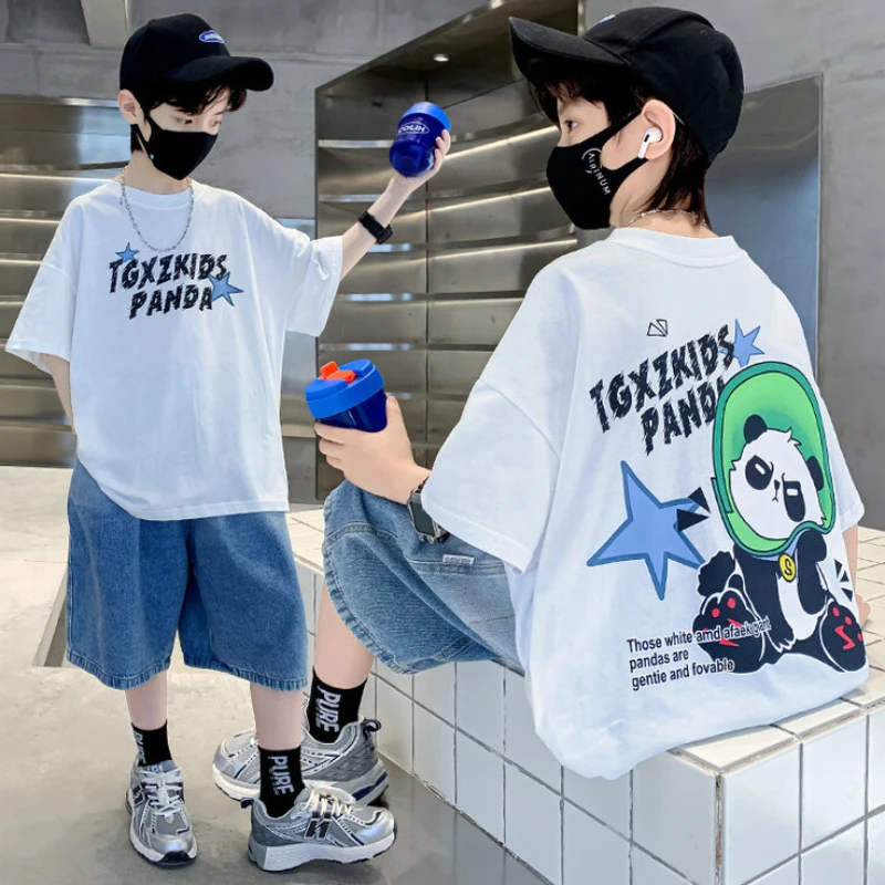 Denim Set for Boy Summer Cartoon Panda Print T-shirt and Shorts Teens 4 To 14 Years 2pc Kids Outfit Children Clothing Suits