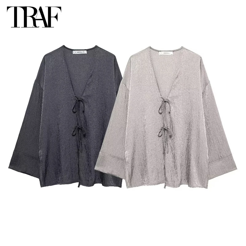 TRAF Satin Casual Blouses Woman 2024 Tied Summer Women\'s Tunic Oversized Shirts and Blouses for Women Long Sleeve Lady Blouses