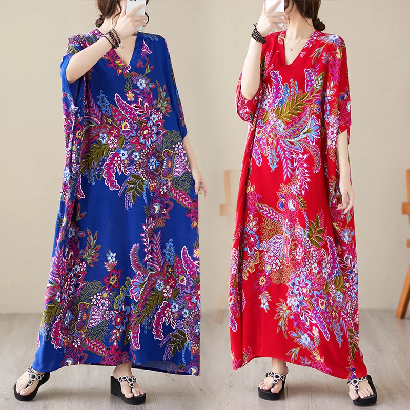 Falda Larga de Seda con Cuello en V para Verano, Estilo Vacacional, Hoada, Talla ande, Ropa que Disimula la Figura, Dobla...