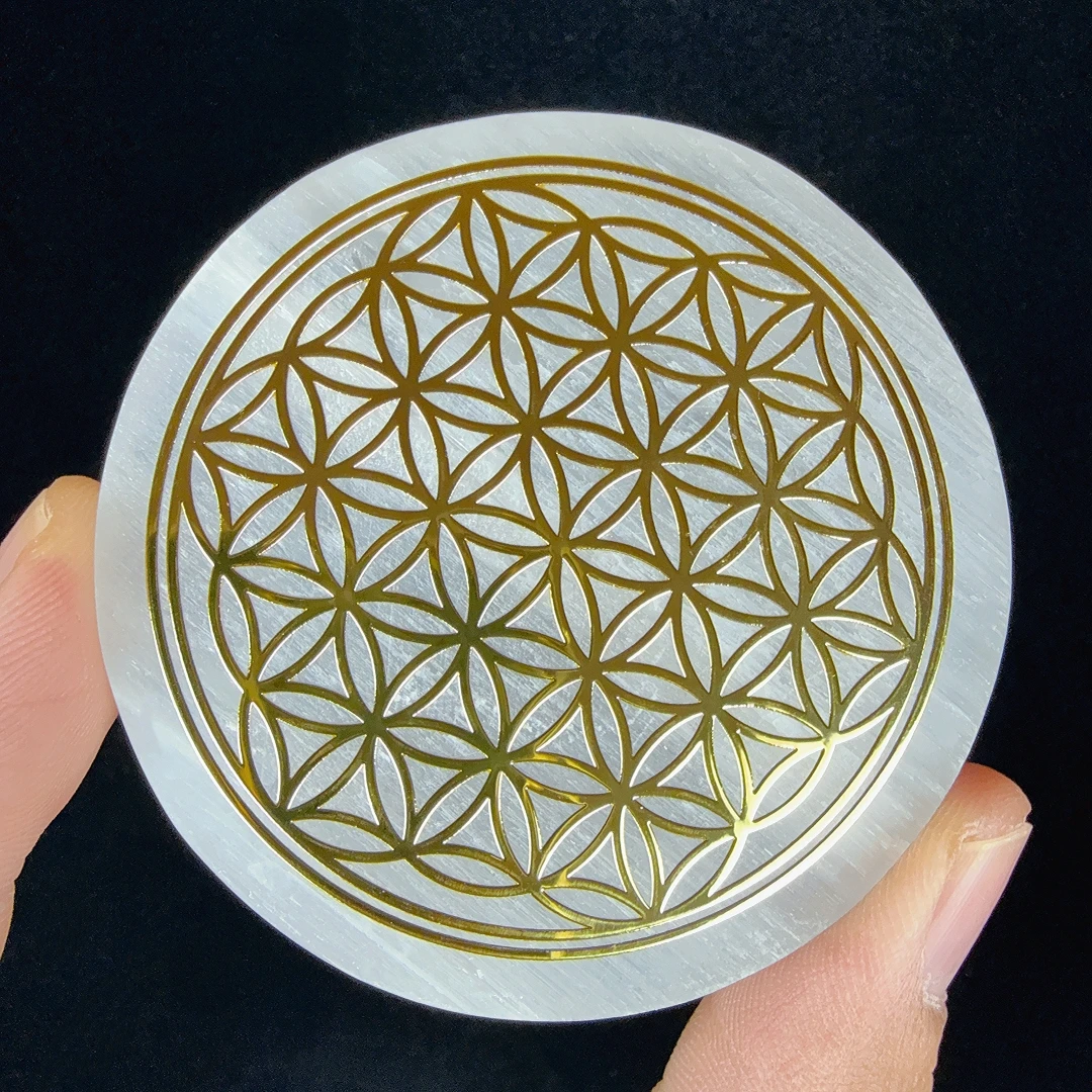 1pc Selenite Flower Charging Plate, Flower of Life Circle, Selenite Slab, Flower of Life Selenite Plate, Fibrous Gypsum Selenite