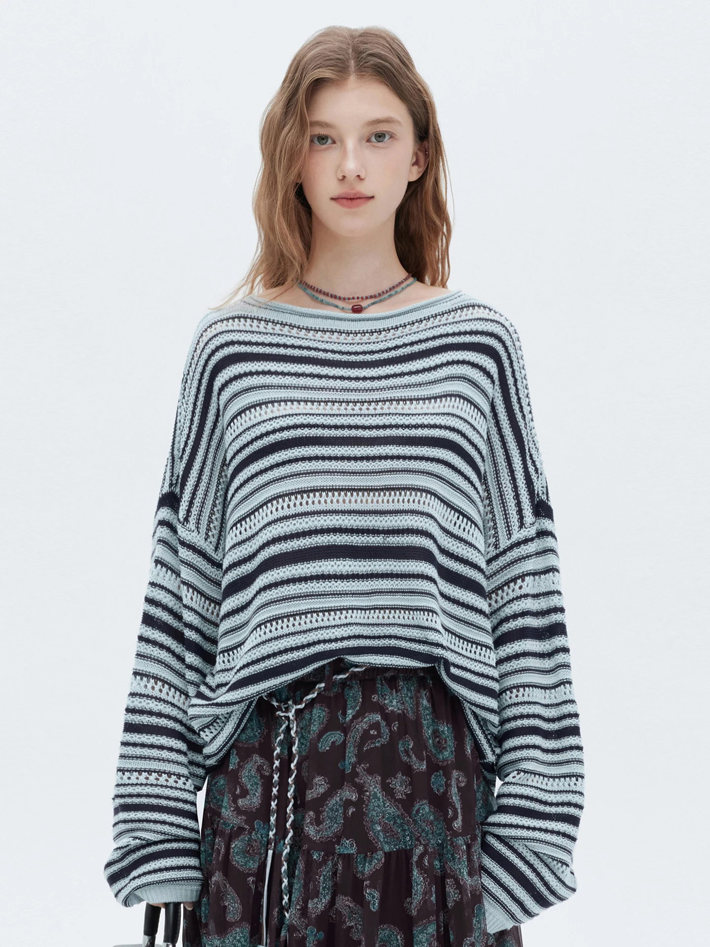 

Loose Long Sleeve Knitted Top Women's Casual Style Color Block Stripe Hollow out One Shoulder Knitwear Queen Style