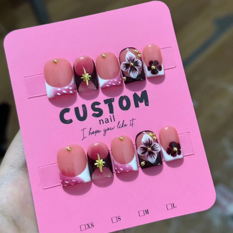 10Pcs Handmade Luxury Short Press on Nails 3D Flower French Tip Design Reusable Burgundy Pink Square False Nails Salon Quality view 2