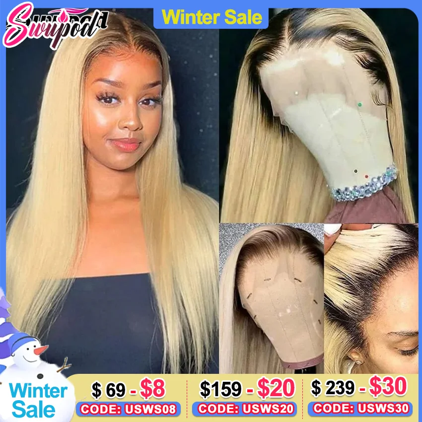 

Swupod Straight Remy Human Hair 13x4 HD Lace Front Wig for Women T1B/613 Ombre Honey Blonde Black Frontal Glueless Pre Plucked