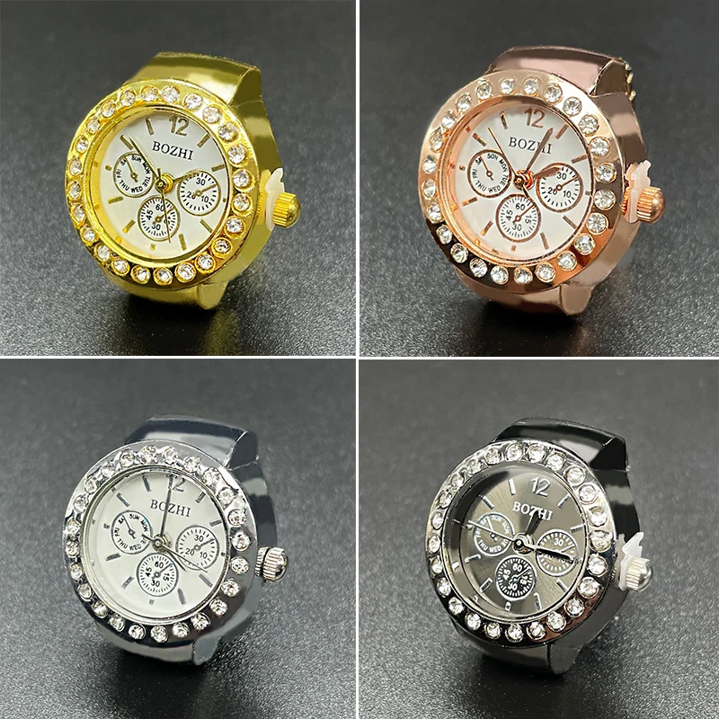 Rhinestone Numeral Dial Quartz Watch Rings for Women Men Couples Vintage Clock Mini Elastic Strap Watches Finger Ring Jewelry