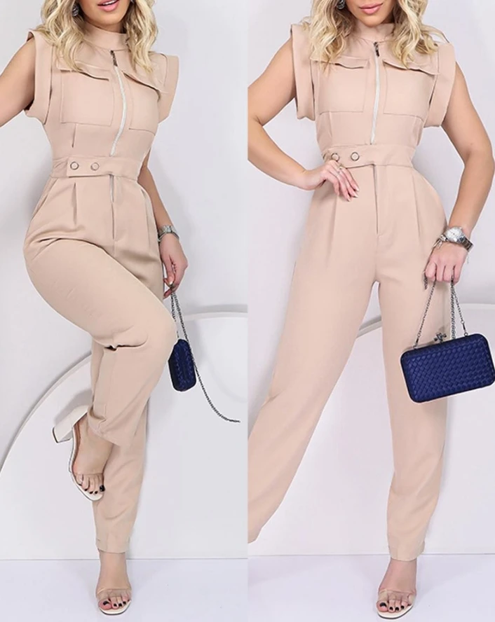 

Women Urban Style Jumpsuit 2024 Spring/summer Latest Casual Mock Neck Sleeveless Zipper Pocket Design Sleeveless Romper Bodysuit