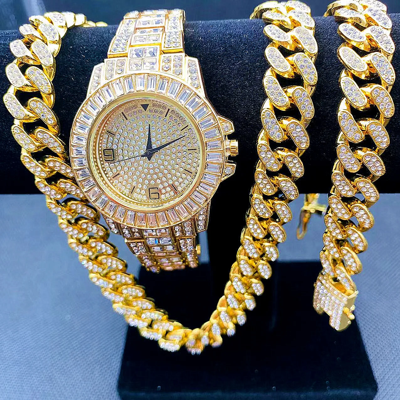 3PCS Hip Hop Luxury Watch Jewelry Set Mens Women Iced Out Watch Necklace Bracelet Bling Diamond Cuban Chains Choker for Couple