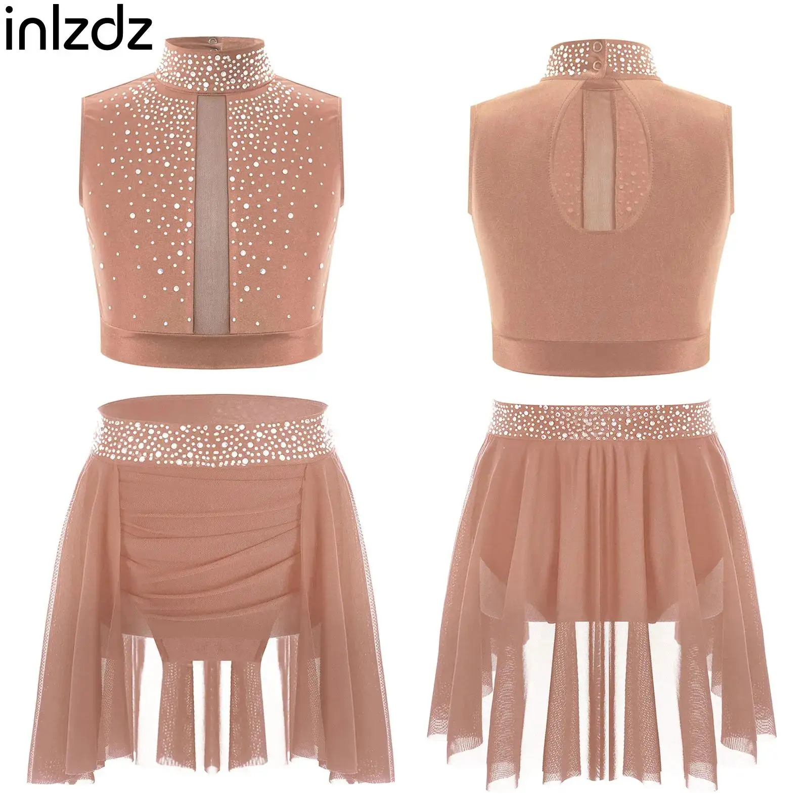 

Child Girls Rhinestones Lyrical Modern Dance Outfit Performance Set One Shoulder Crop Top+Skirts 2-piece Ballet Skating Outfits