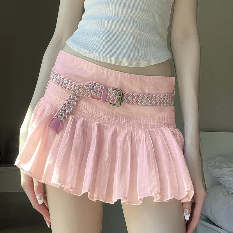 Darlingaga Sweet Cute Low Waist Pink Pleated Skirt Korean Fashion Girls Coquette Clothes Summer Mini Skirt Women Prepy Style New