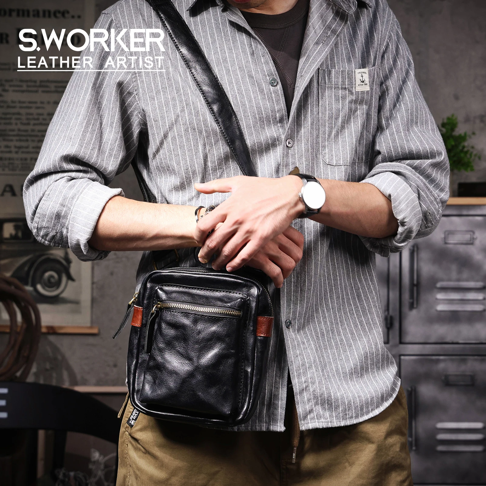 S.WORKER Vollnarbenleder-Umhängetasche für Herren, Vintage-Crossbody-Brusttasche aus pflanzlich gegerbtem Leder – Detail 2