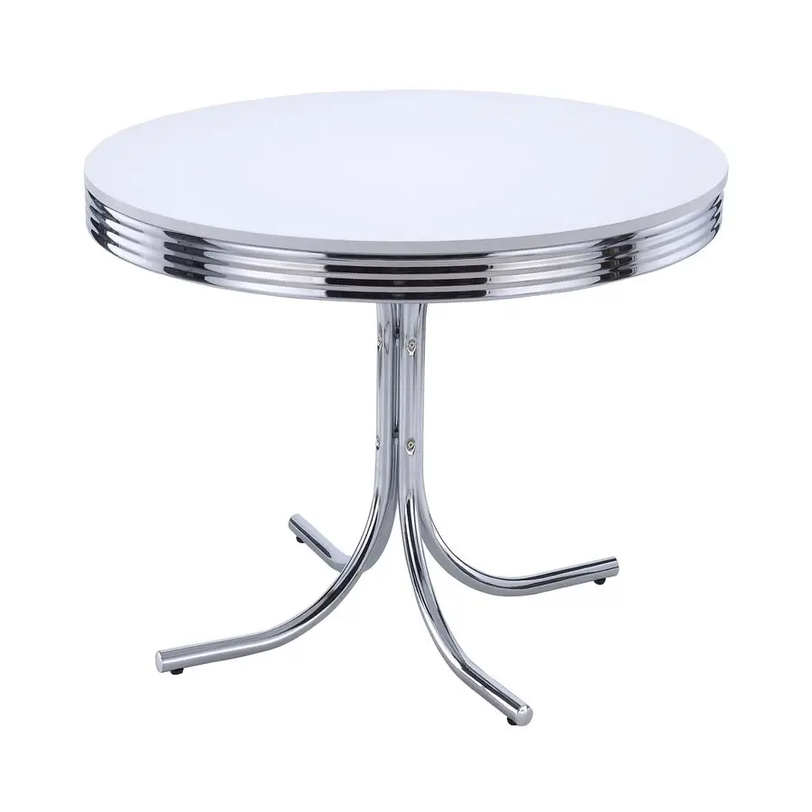 

Retro 1950s Soda Fountain Diner Round Dining Room Table White Laminate Top Sturdy Steel Chrome Base 2388