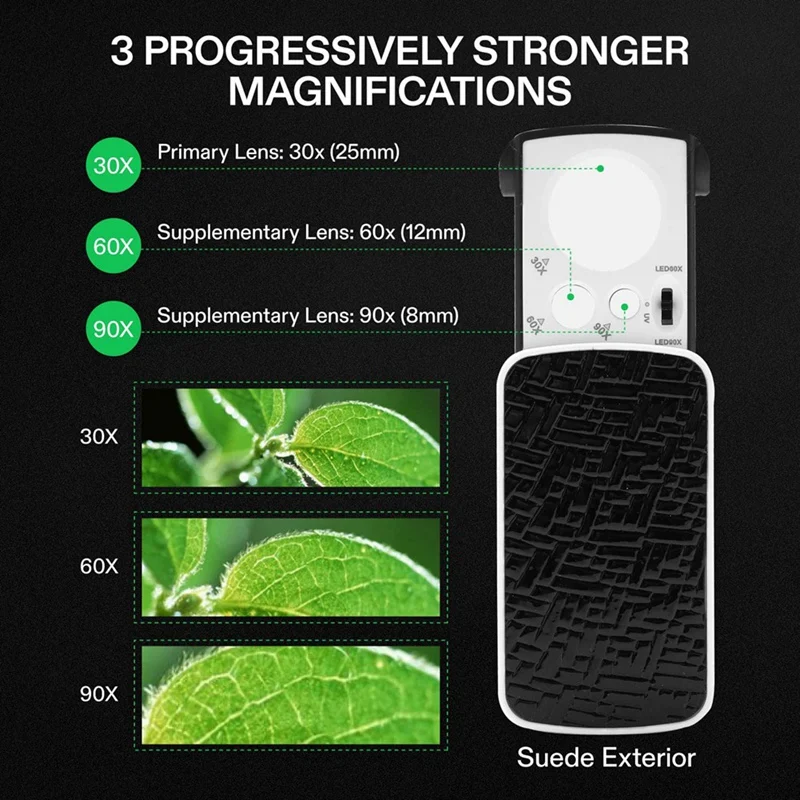 2 قطعة 30 مرة 60 مرة 90 مرة الشريحة خارج المجوهرات عدسة مكبرة مع مصباح LED مجوهرات قابلة للطي عدسة مكبرة دائم