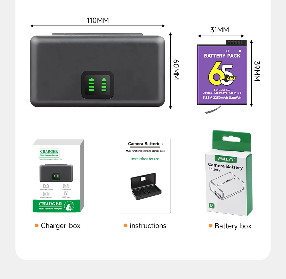 2250-mAh-Akku für DJI OSMO Action 360, für OSMO Action 6, für OSMO Action 5 Pro, für OSMO Action 4, für OSMO Action 3, für 360 II, mit 2-fach-LCD-Ladegerät. – Detail 14