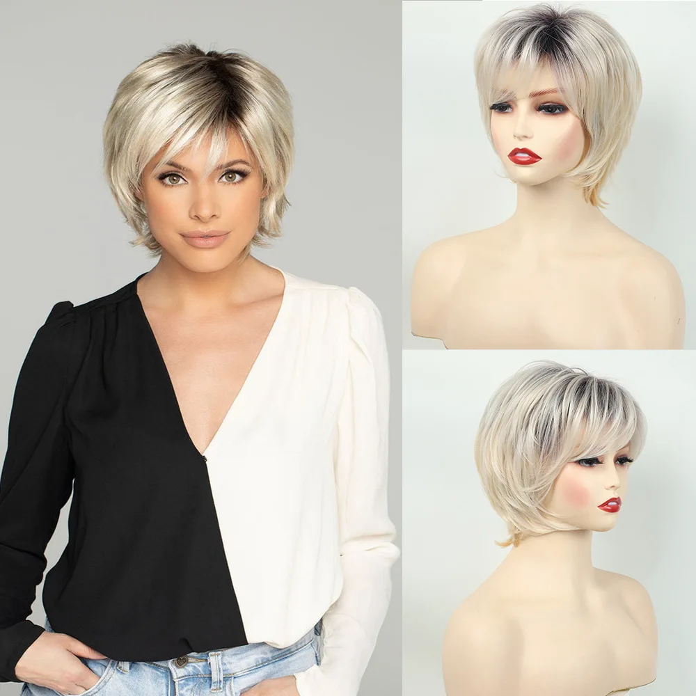 

Wig European and American wig women's short straight hair, gradual change on the top of the head, blond wig headgear
