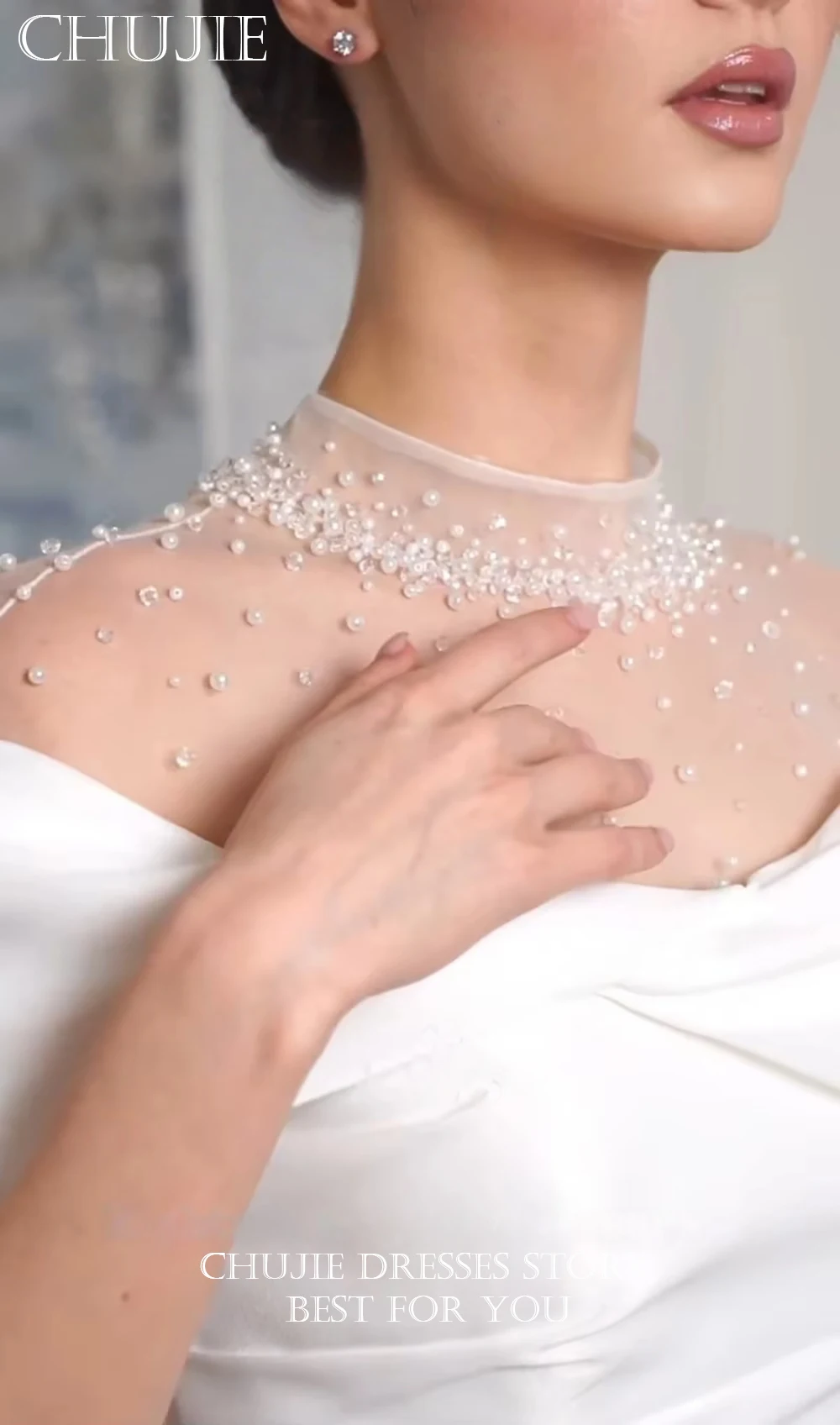 فساتين زفاف بيضاء قبالة الكتف دبي العربية رقبة عالية لؤلؤ ساتان على شكل حرف a الأميرة زي العرائس Vestidos De Novia مخصصة