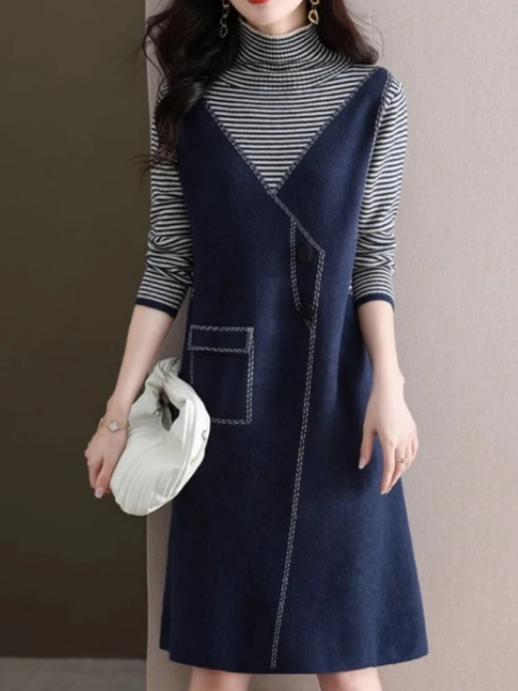 فستان نسائي للخريف والشتاء سترة محبوكة متوسطة الطول مكونة من قطعتين تنورة فضفاضة من الداخل مع تنورة محبوكة من الأسفل #4