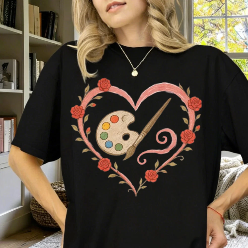 Elegant Art Teacher Lover Shirt Floral Palette Holiday Gift Painting Love Artist Rose Heart Loose Tee Summer Clothes for Women