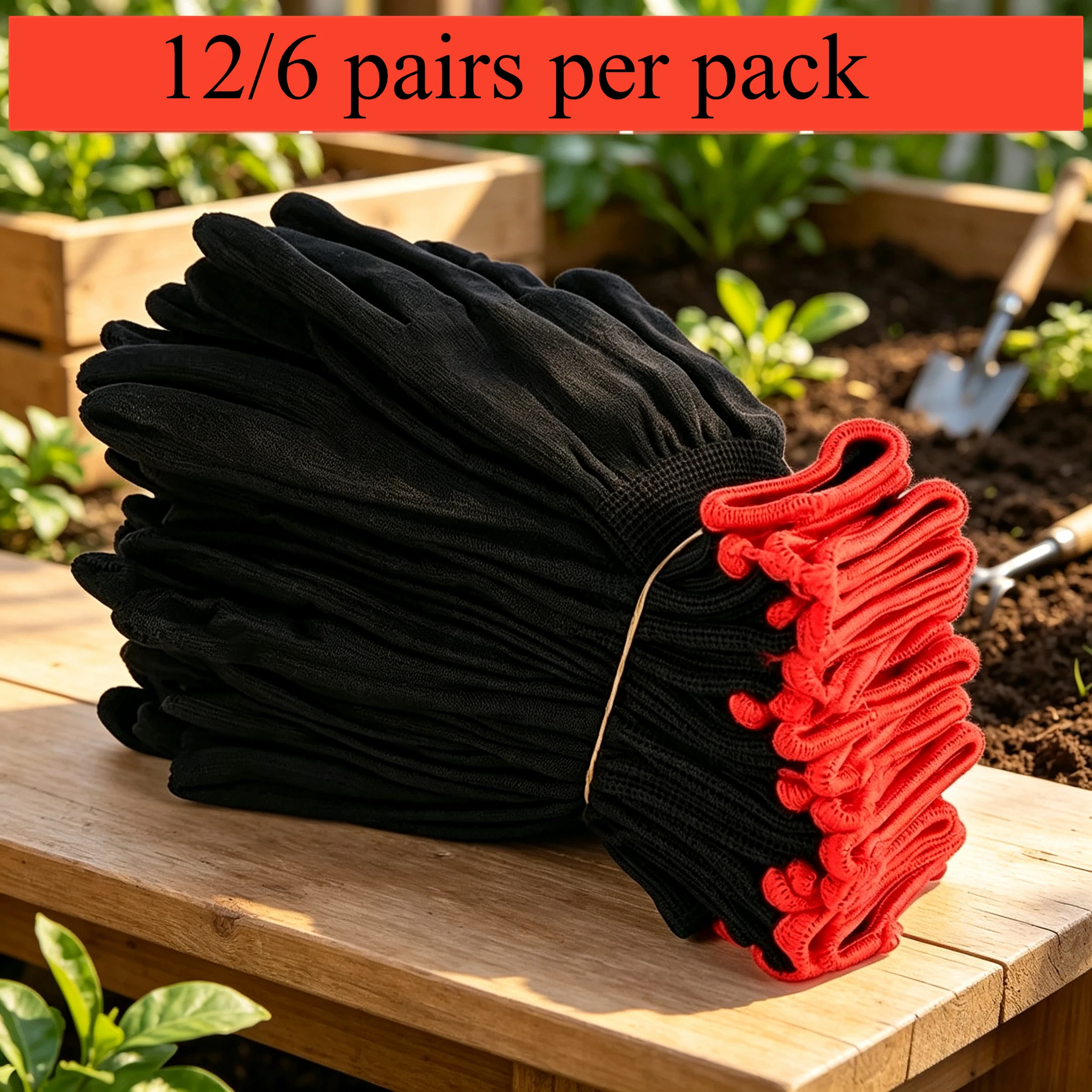 6/12 Pairs Black Cotton Work Gloves with Red Cuff, Lightweight Breathable Knit Safety Gloves for Gardening, Construction