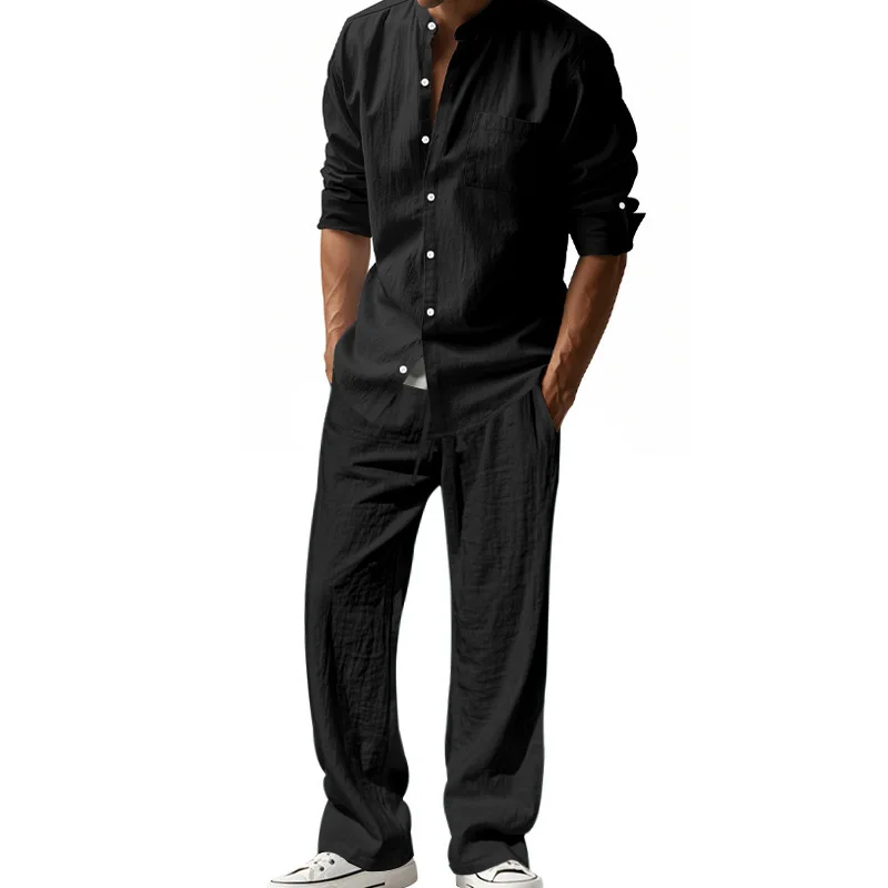 European and American All-season Linen Men's Casual Loose Breathable Long-sleeved Shirts Long Pants Shirts and Beach Suits Stock