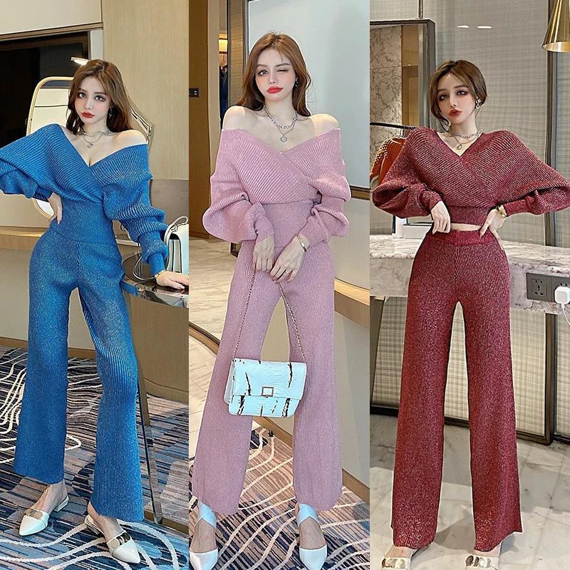 

Women Knit Two Pieces Long Sleeve V Neck Top and Fashion Hotsweet High Waist Wide Leg Pant Sets