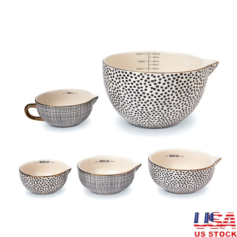 

5-Piece Ceramic Mixing Bowl Set with Measuring Cups Durable Kitchen Bowls Mixing Measuring Elegant Design Non-Stick Multi-Color