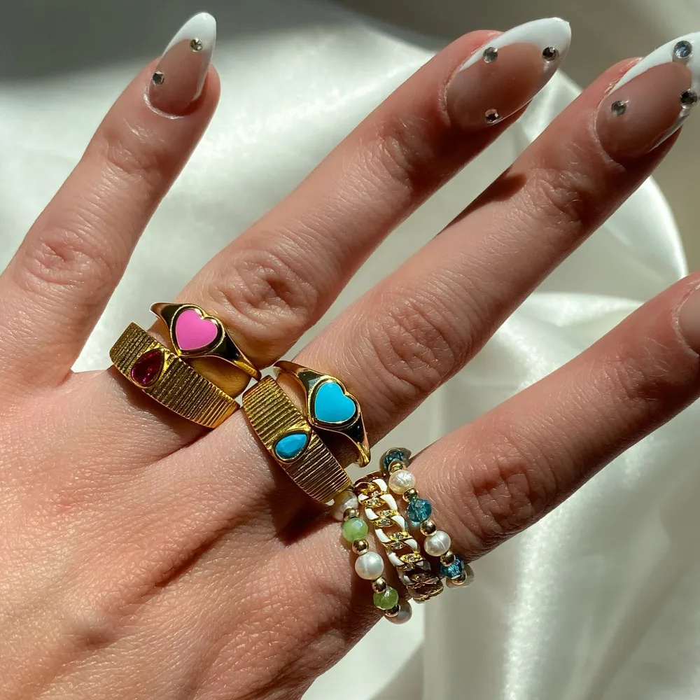 Natural Turquoise Stone Inlaid Stainless Steel Ring Bohemia Woman Jewelry Trendy Minimalist Ladder Texture Open Finger Rings