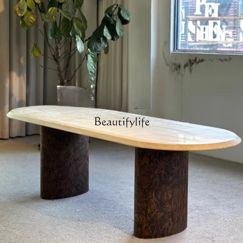 

Medieval Style Solid Wood Vintage Marble Dining Table Home Villa Oval Dining Table
