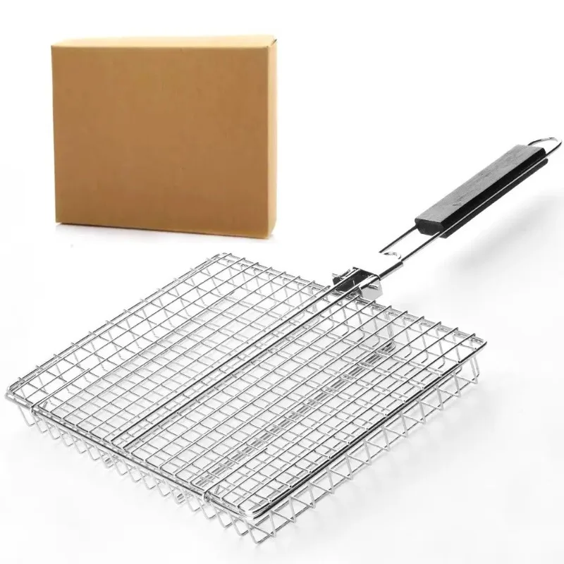 Stainless Steel Folding Handle Barbecue Clip Outdoor Multifunctional Grilled Fish Meat Vegetable Mesh BBQ Tool