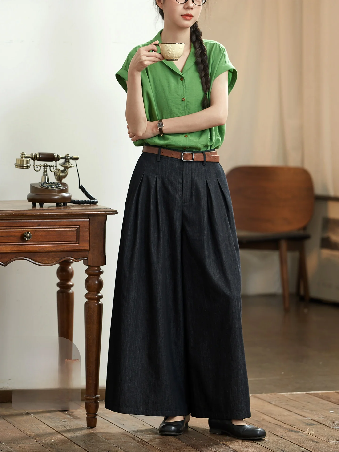 

Original Commute Casual Bla Pure Cotton Wide Leg Jeans Women Summer Loose High Waist Versatile Straight Cut Trousers
