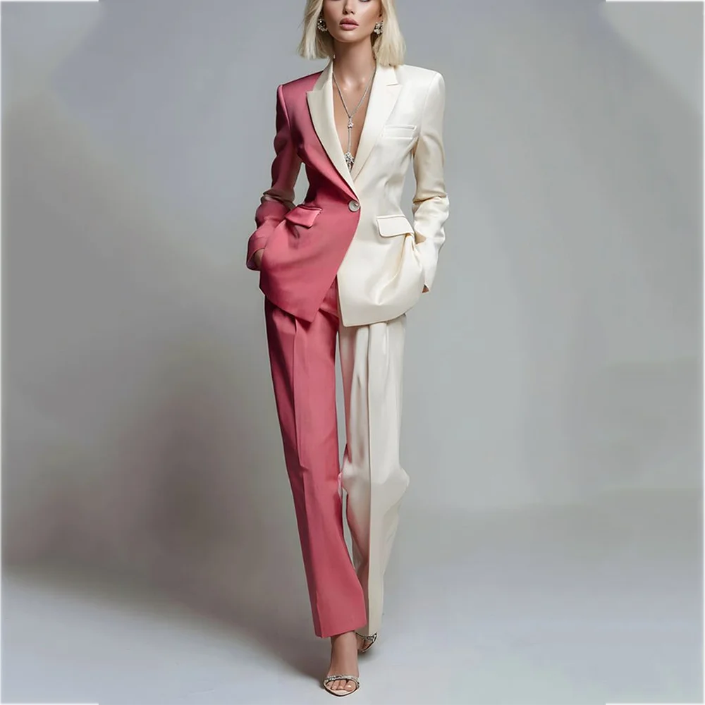 

Modern Fashion Women's Suit Peaked Lapel Contrast Color Outfit Classic Single Button Elegant Lady Set Two Piece Jacket Pants