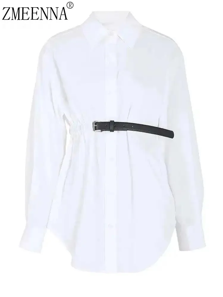 

ZMEENNA Women's White Button Down Shirt With Waist Belt Long Sleeve Collared Blouse Tunic Top Stylish Casual Elegant ZM3201