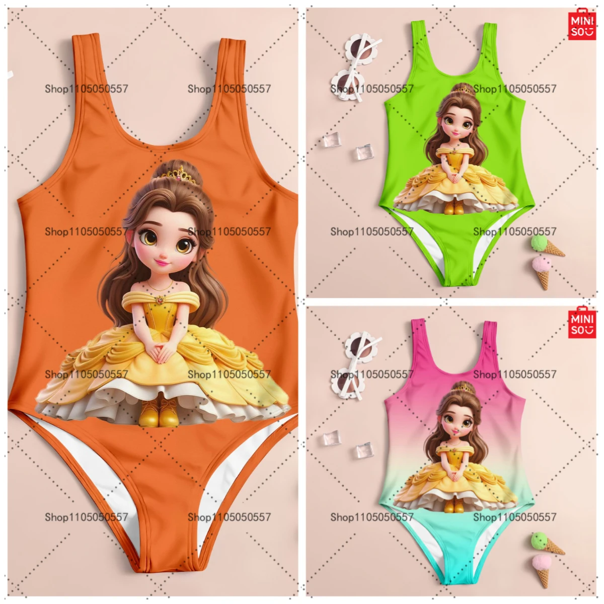 

Children's one-piece swimsuit: cute Belle Princess pattern, ideal for beach and swimming pool entertainment