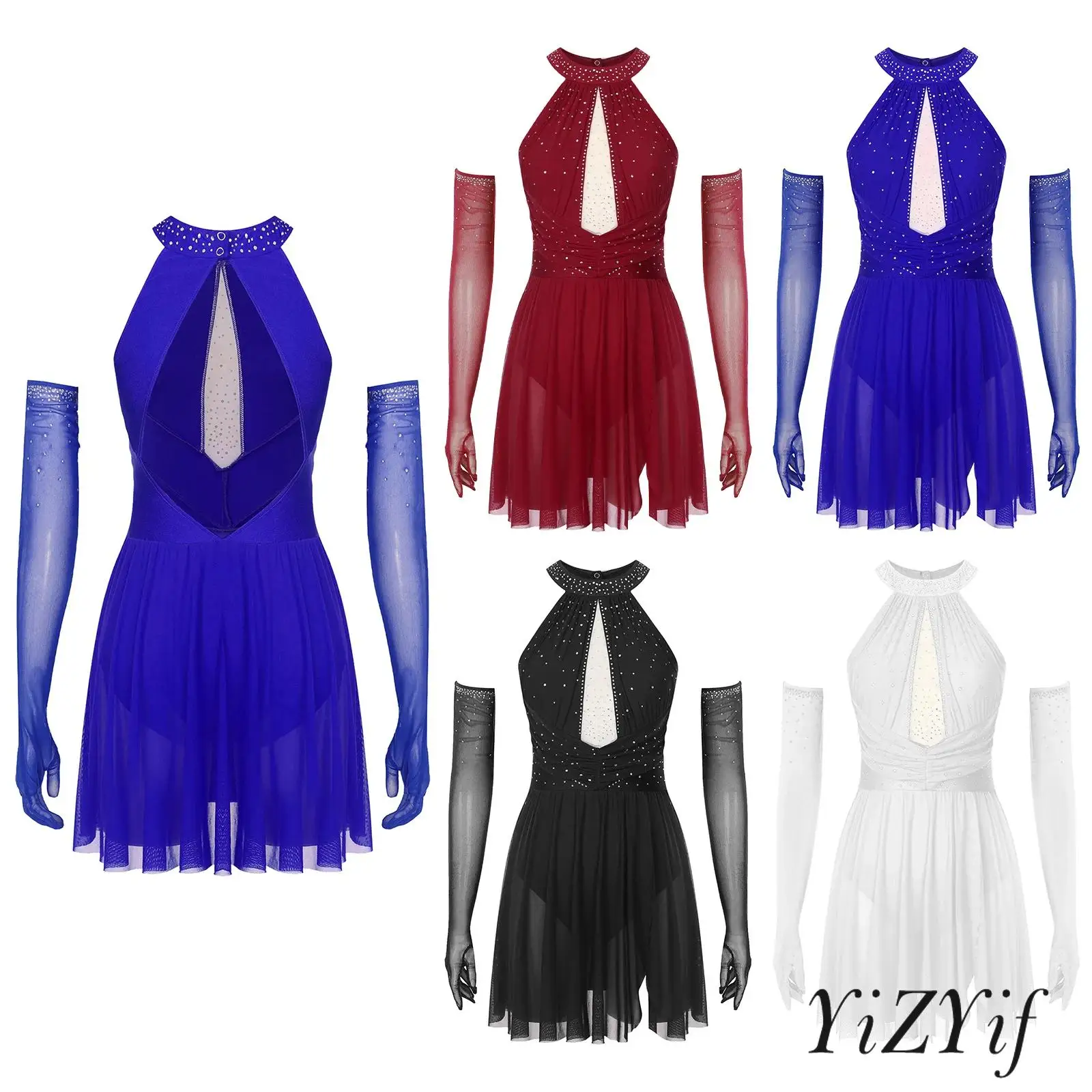 

Womens Figure Skating Dance Dress Outfit Hollow Out Backless Rhinestone Built-in Briefs with Full-finger Gloves Training Clothes