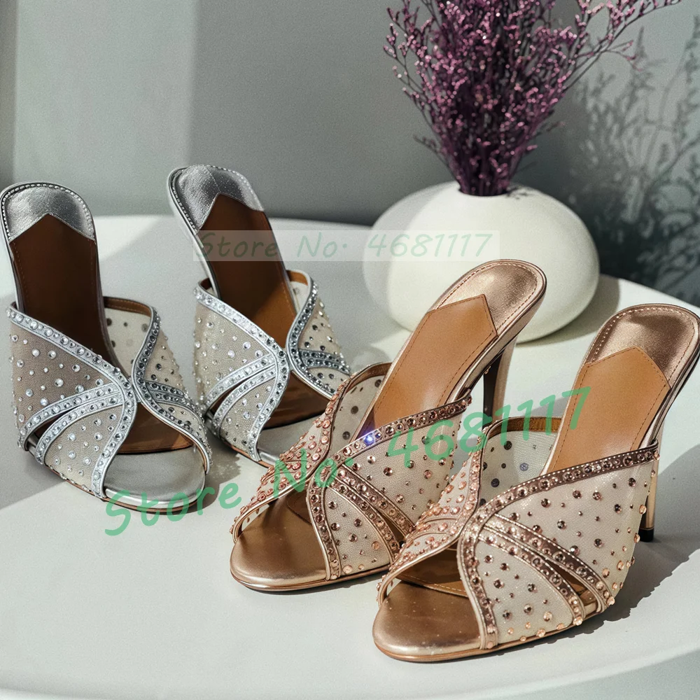 

Женские сабо из хрустальной сетки с перекрестным ремешком, роскошные детские замшевые золотые туфли с открытым носком, женские дышащие тюлевые вечерние тапочки на высоком каблуке