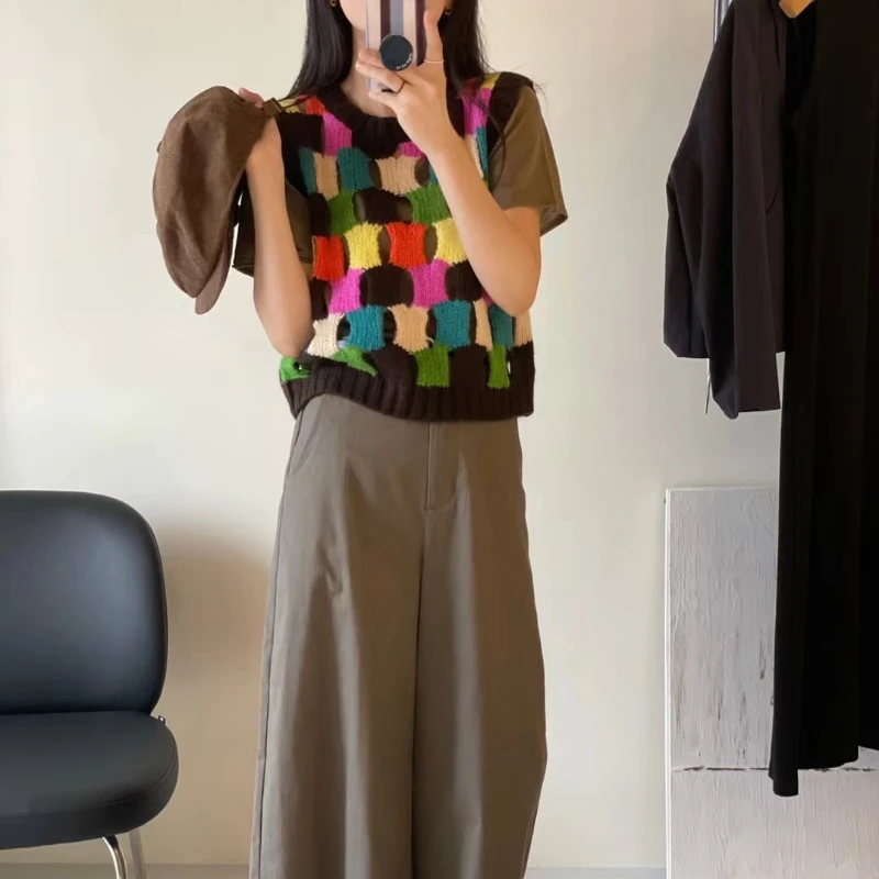 Women Wool Blend Hollow-out Handmade Colorful Sweater Vest 2023 Autumn Winter Korean Fashion