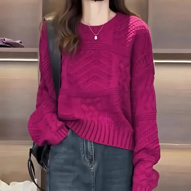 

Осень-зима 2025 г., свитер в ленивом стиле, женский корейский универсальный пуловер цвета дракона и фруктов, вязаный свитер с круглым вырезом, топ