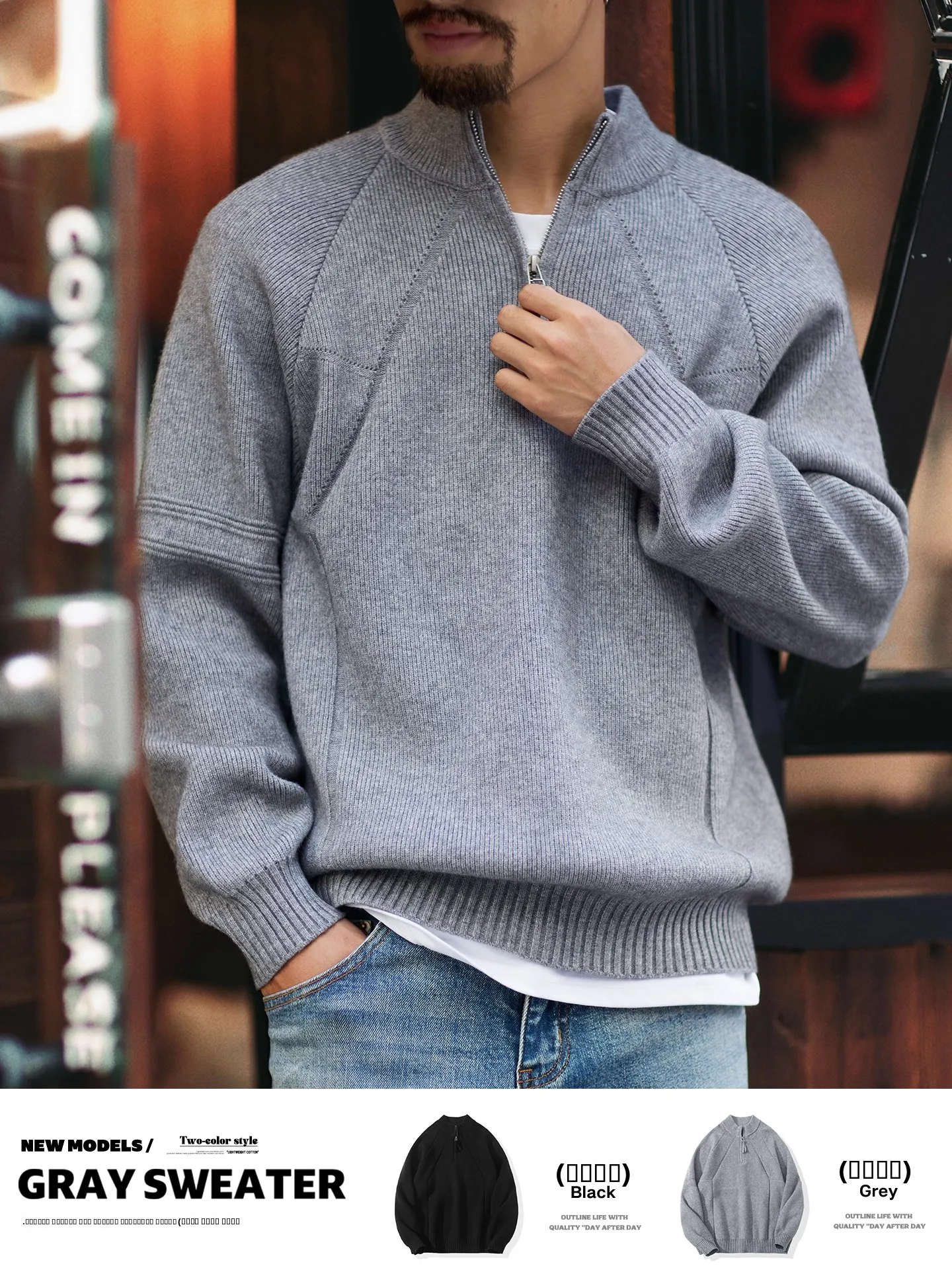 

Loose Fit Zipper Knit Sweater Men's Autumn Winter New Sle Retro American f High Collar Patchwork Pure Color Crew Ne