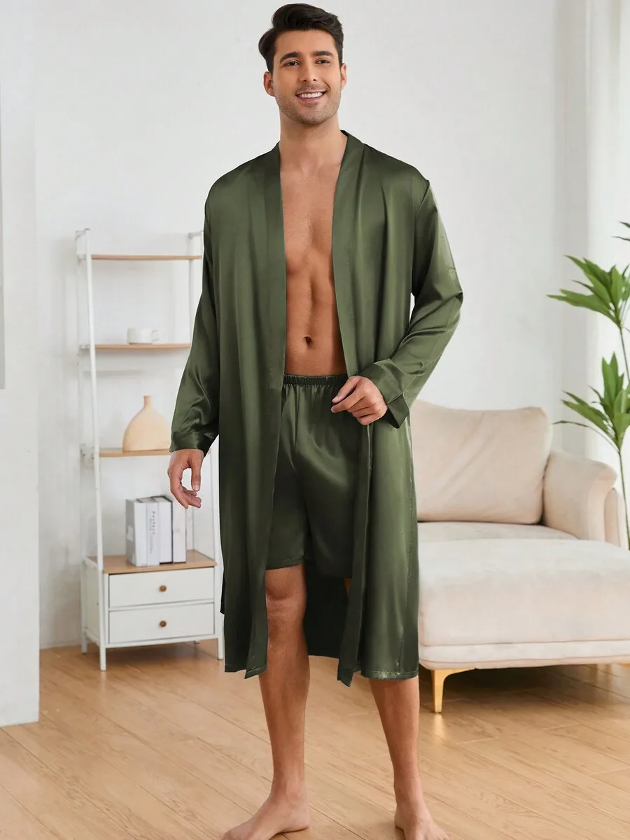 Mens Solid Color Satin Bathrobe With Matching Shorts Set