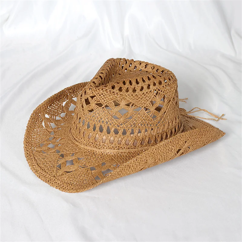 Solid color hand-woven cowboy hat hollow design man and women can wear outdoor beach vacation sun hat INS Hot Style cowboy hat